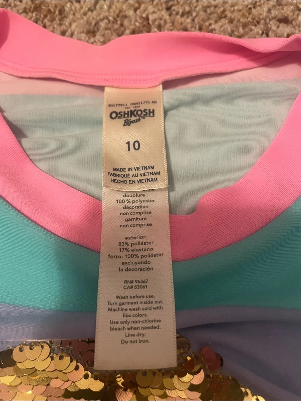 OshKosh B'gosh Pink, Aqua & Lavender Colorblock Sequin Smile Swim Set. Girls 10